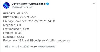 Arequipa: temblor de magnitud 4.0