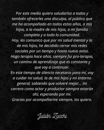Comunicado de Julián Zucchi. Instagram/@julianzucchi