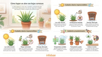 Infografía con texto e ilustraciones sobre el cuidado del aloe vera, incluyendo luz solar, riego, drenaje, abono, temperatura, trasplante, poda y estrés.