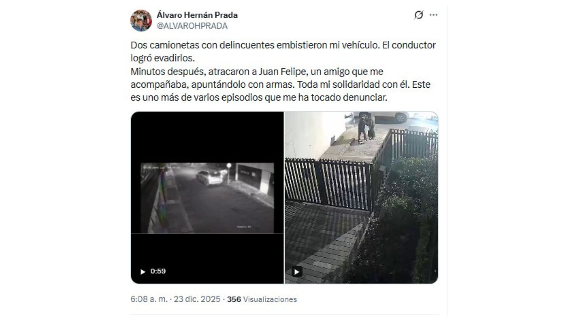Prada denunció el hecho en redes donde recibió muestras de solidaridad - crédito @ALVAROHPRADA / X