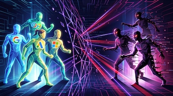 Ilustración futurista mostrando una batalla entre agentes IA luminosos de Google, OpenAI, Anthropic, Microsoft y figuras oscuras. Una red de datos rota en el centro.