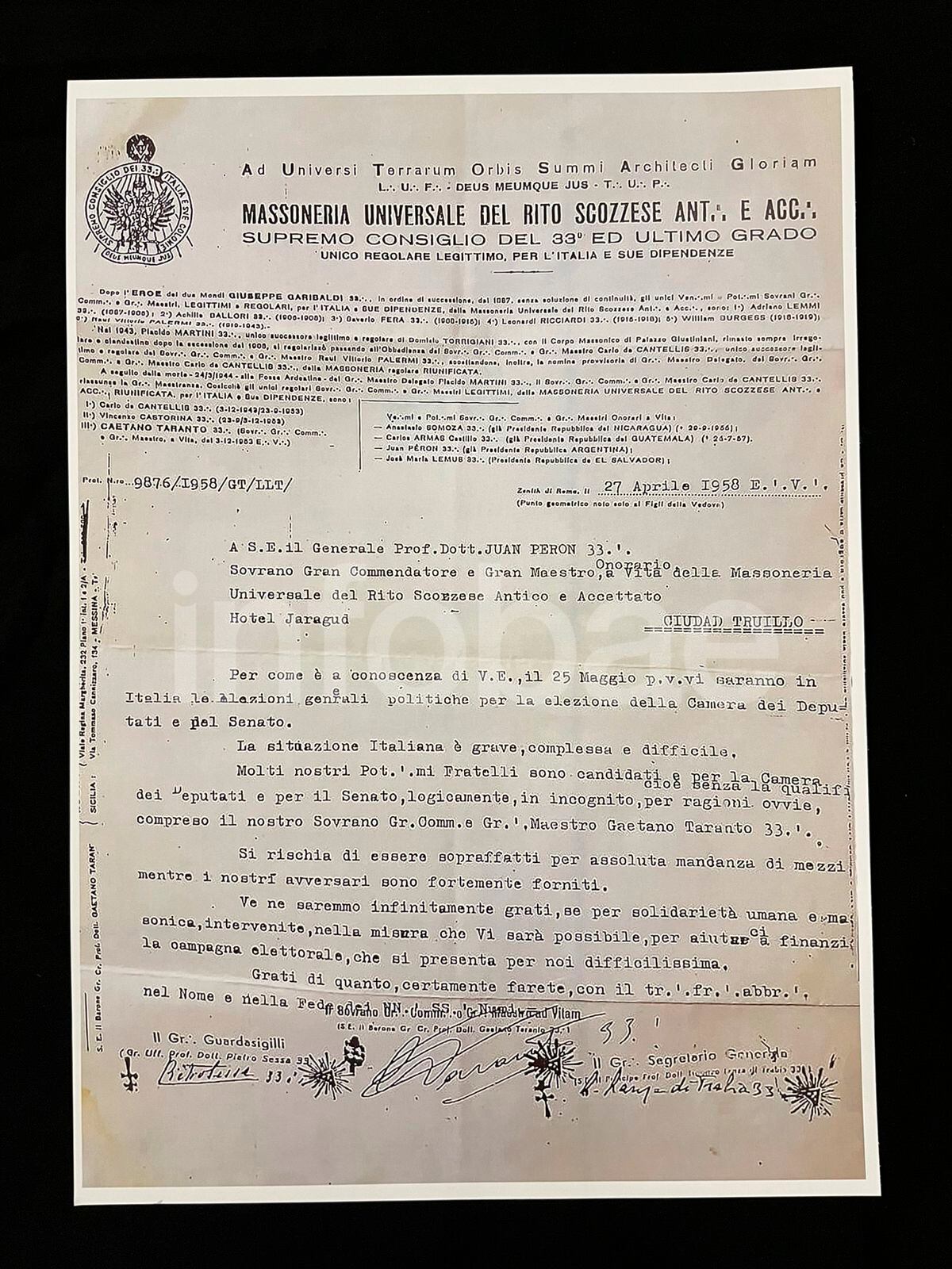 Carta de 1958 donde aseguran que Perón era masón con el Grado 33, el más alto