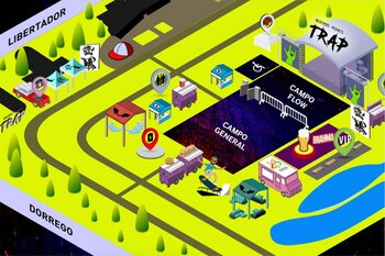 Mapa del Buenos Aires Trap, con las ubicaciones del escenario y todas las actividades extramusicales. Las puertas del festival abren a las 13 horas