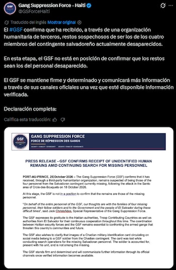 La Fuerza de Supresión de Pandillas recibió restos humanos no identificados que podrían pertenecer a cuatro salvadoreños desaparecidos en Haití. (Publicación: GSF)