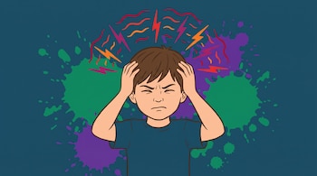 Ilustración de un niño con expresión de dolor intenso, manos en las sienes. Sobre su cabeza, líneas onduladas y destellos rojos y naranjas. Fondo azul con manchas verdes y violetas.