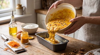 Manos vierten masa de budín de un bol a un molde; se observan zanahorias ralladas, cúrcuma, huevos, harina y aceite sobre una mesa de madera.