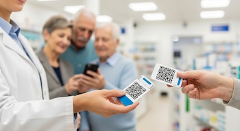 Manos de un farmacéutico y un cliente sostienen envases con códigos QR visibles en una farmacia, con adultos mayores consultando un móvil al fondo.