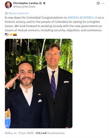 Este fue el mensaje que Landau le envió a De la Espriella luego del triunfo en la segunda vuelta de elecciones presidenciales el domingo 21 de junio de 2026 - crédito @DeputySecState/X