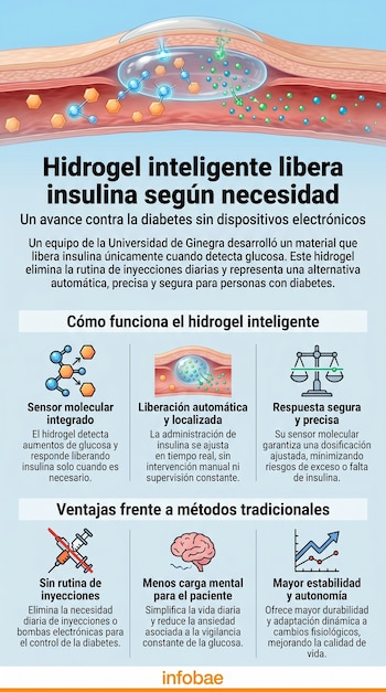 Infografía detallada sobre un hidrogel inteligente que detecta glucosa y libera insulina en un vaso sanguíneo, mostrando sus beneficios y funcionamiento.