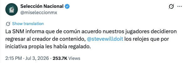 La cuenta oficial de la selección informó la decisión. @miselecciónmx
