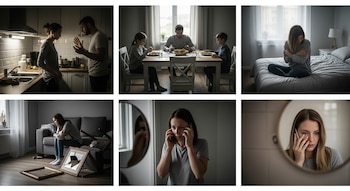 Seis imágenes: pareja discutiendo en cocina; padre e hijos comiendo tensos; mujer angustiada en cama; mujer en sofá con marco roto; mujer con dos teléfonos; mujer llorando en espejo.