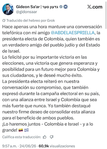 Gideon Sa'ar destacó el compromiso de Abelardo de la Espriella para fortalecer la alianza entre Colombia e Israel - crédito @gidonsaar/X