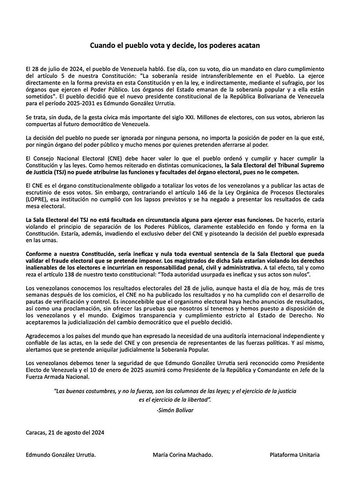 El comunicado de María Corina