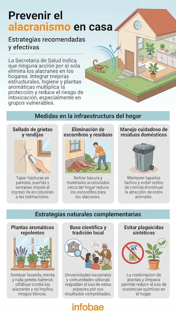 Infografía sobre prevención de alacranismo en casa, mostrando un escorpión repelido, sellado de grietas, eliminación de escombros, manejo de basura y plantas aromáticas.