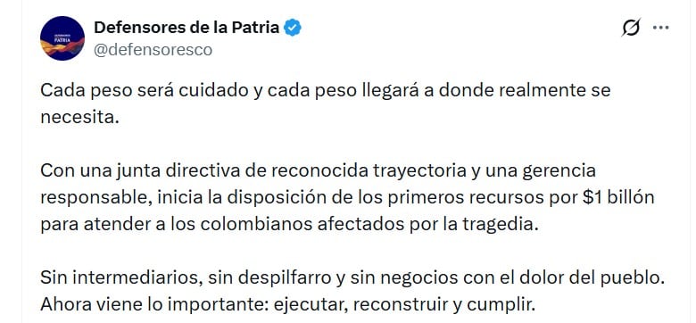 El presidente Abelardo de la Espriella aseguró que la instrucción para la administración del fondo es evitar intermediarios, despilfarros y sobrecostos en la ejecución de los recursos - crédito @defensoresco/X