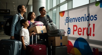 Una familia con padre, madre y dos hijos junto a varias maletas, cajas y bolsas en un aeropuerto, observando un cartel que dice "¡Bienvenidos a Perú!".