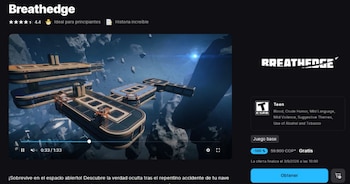 Interfaz digital del videojuego Breathedge con una vista previa en video y un botón azul que dice Obtener junto a la palabra Gratis