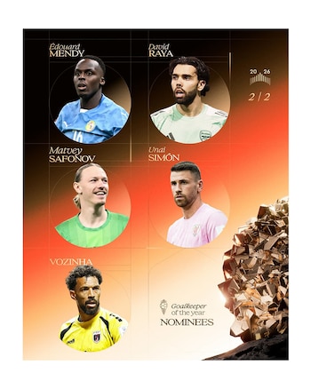 Retratos de Édouard Mendy, David Raya, Matvey Safonov, Unai Simón y Vozinha junto a la etiqueta de nominados y una figura dorada