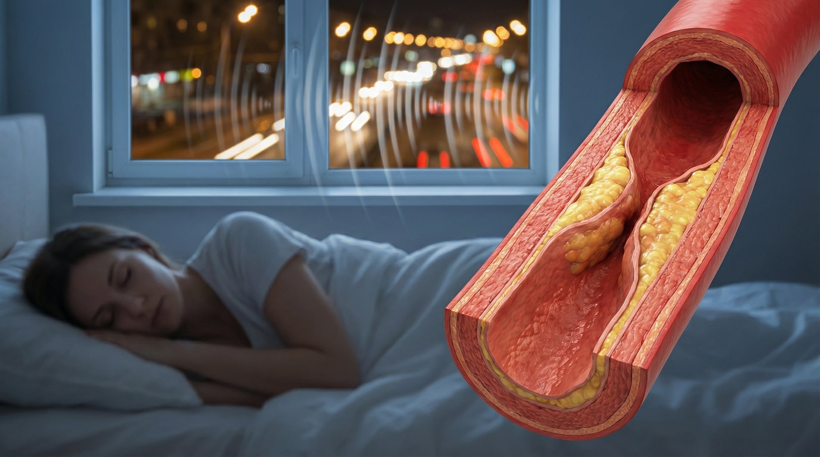 Una ilustración muestra una arteria humana con acumulación de colesterol en primer plano, contrastando con una persona que duerme tranquilamente en segundo plano. (Imagen Ilustrativa Infobae)
