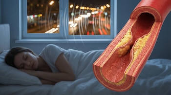 Una arteria humana en corte transversal con placas de colesterol amarillas, con una persona borrosa durmiendo en cama y luces de ciudad nocturnas al fondo.