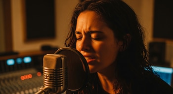 Mujer canta en un micrófono antiguo con filtro antipop en un estudio de grabación; consola de mezcla y luces de equipo en el fondo.