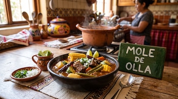Un tazón con caldo de res y verduras junto a un letrero que dice Mole de Olla, una cuchara, trozos de limón y una cazuela de barro.