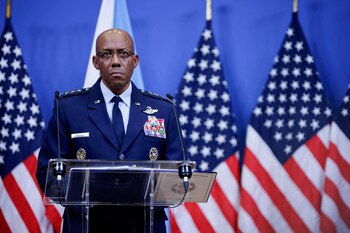 FILE PHOTO: Chairman of the Joint Chiefs of Staff Gen. Charles Q. Brown at a press conference during a NATO Defence Ministers' meeting at the Alliance's headquarters in Brussels, Belgium October 11, 2023. REUTERS/Johanna Geron REFILE - CORRECTING EVENT/File Photo