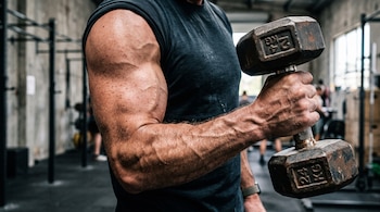 Un brazo musculoso sostiene una mancuerna metálica pesada en un gimnasio con equipo deportivo en el fondo.