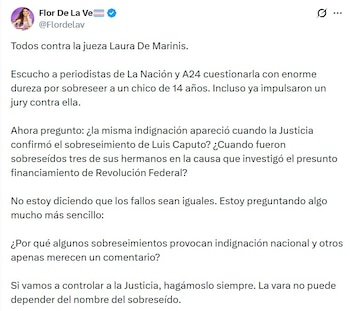 La polémica se originó por una publicación de Florencia de la V sobre el tratamiento mediático a un fallo de la jueza Laura De Marinis