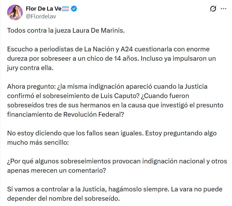 La polémica se originó por una publicación de Florencia de la V sobre el tratamiento mediático a un fallo de la jueza Laura De Marinis