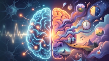 Ilustración del cerebro dividido: mitad izquierda azul con conexiones neuronales y ondas, mitad derecha naranja con paisajes, relojes y elementos abstractos.