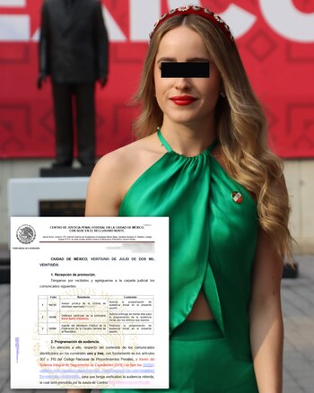 Retrato de una mujer con vestido verde y ojos cubiertos junto a un documento del Centro de Justicia Penal Federal de la Ciudad de México