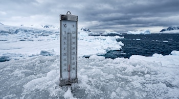 Termómetro analógico metálico clavado en el hielo, con agua de mar, bloques de hielo y un cielo nublado al fondo.