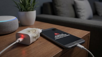 Primer plano de un cargador de celular blanco derretido con luz roja, conectado a un smartphone que muestra una alerta de temperatura, sobre una mesa de madera.