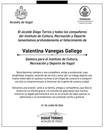 A través de un comunicado oficial, la administración municipal lamentó el fallecimiento de Valentina Vanegas y pidió que se esclarezcan los hechos para que haya justicia - crédito Alcaldía de Itagüi