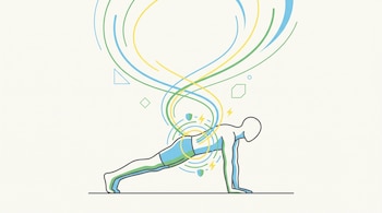 Figura humana realizando un plank jack, con el abdomen y la zona lumbar resaltados con líneas de energía, escudos y rayos sobre un fondo blanco hueso.