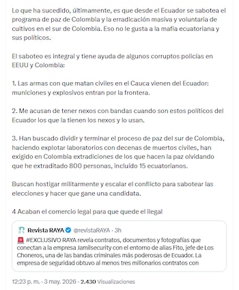 El presidente acusó a Daniel Noboa de sabotear tanto el avance del proceso de paz como el proceso electoral en Colombia - crédito @petrogustavo/X