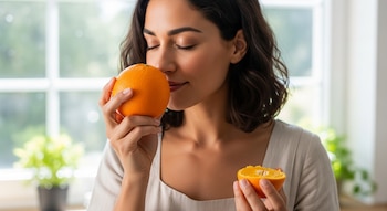 Mujer de cabello oscuro y ojos cerrados, con camisa clara, olfateando una naranja entera. En su otra mano, sostiene media naranja con la pulpa visible.