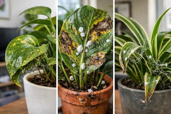 Collage de tres fotos detalladas de plantas de interior con hojas dañadas por plagas, mostrando puntos amarillos, manchas, insectos blancos y telarañas.