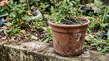 Maceta de plástico marrón cubierta de tierra con pequeñas plantas verdes, situada sobre un bloque de concreto con vegetación de fondo.