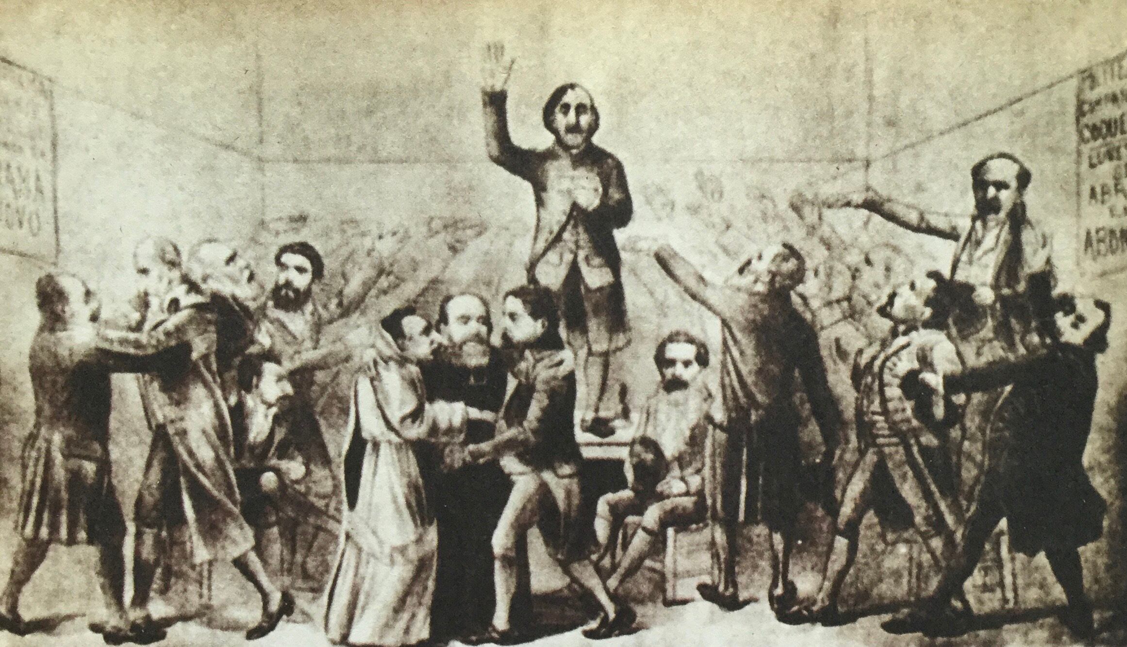 El Mosquito era un diario de tinte satírico, que caricaturizaba a los líderes de la revolución del 90, tratando de ponerse de acuerdo. En el medio, parado, se ve a Bartolomé Mitre y al lado, sentado, de larga barba, a Leandro N. Alem. Ese movimiento sellaría el fin de Juárez Celman