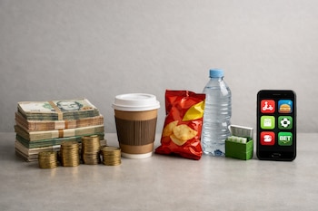 Pilas de billetes y monedas de sol peruano, un vaso de café, un paquete de papas fritas, una botella de agua, chicles y un teléfono móvil con apps.