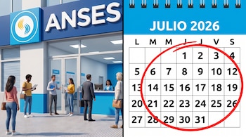 Edificio con cartel de ANSES y personas en la entrada; calendario de julio de 2026 con los días del mes resaltados en un círculo rojo.