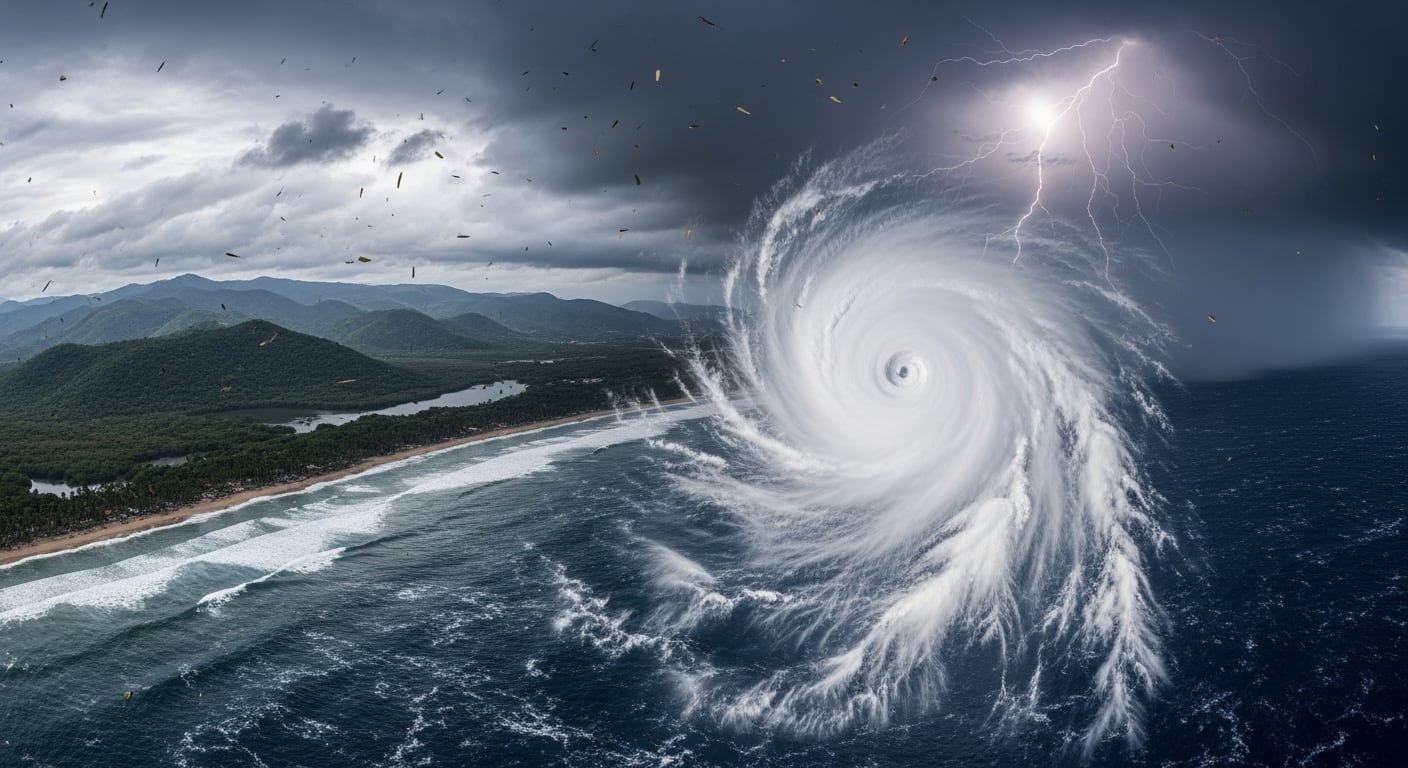 Un ciclón tropical con un ojo claramente visible y relámpagos se aproxima a la costa montañosa de Guerrero, México, mostrando olas intensas en la playa y escombros volando en el aire, indicando condiciones climáticas extremas. (Imagen Ilustrativa Infobae)