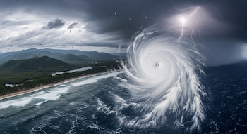 Vista aérea de un ciclón tropical con su ojo sobre el océano, olas en la costa con playas y montañas. Relámpagos en el cielo oscuro y escombros volando.