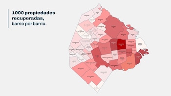 Mapa de la Ciudad de Buenos Aires dividido en barrios con valores numéricos y el texto mil propiedades recuperadas, barrio por barrio