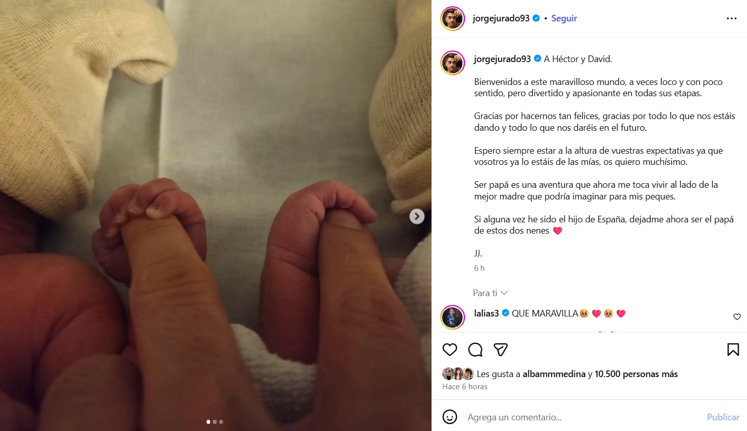 Jorge Jurado anuncia que ha tenido gemelos (Instagram)