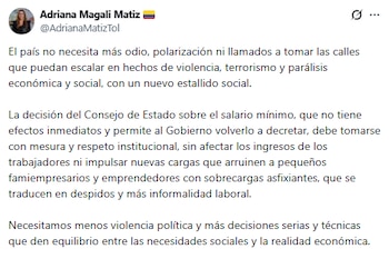 Adriana Magali Matiz cuestionó la