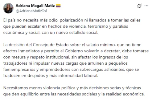 Adriana Magali Matiz cuestionó la gestión de la actual administración e hizo un llamado a priorizar la búsqueda de soluciones técnicas y el equilibrio entre lo social y lo económico - crédito @AdrianaMatizTol/X