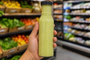 Mano que sostiene una botella de vidrio con salsa verde y tapa negra frente a estantes de verduras desenfocados.